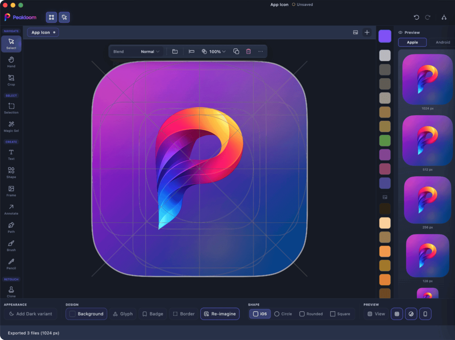 AppIcon Studio trong Peakloom - canvas icon 1024x1024 với lưới keyline của Apple phủ lên và cột xem trước kích thước bên cạnh