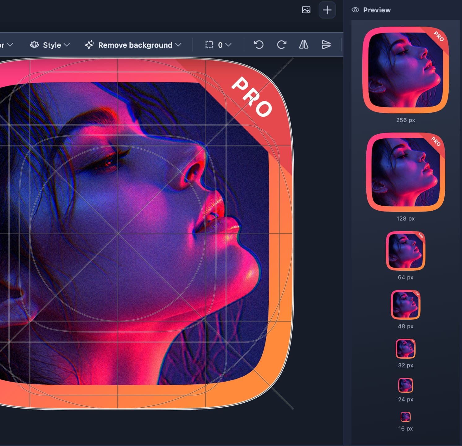 Cột xem trước của AppIcon Studio hiển thị cùng một icon ở 256, 128, 64, 48, 32, 24 và 16 pixel