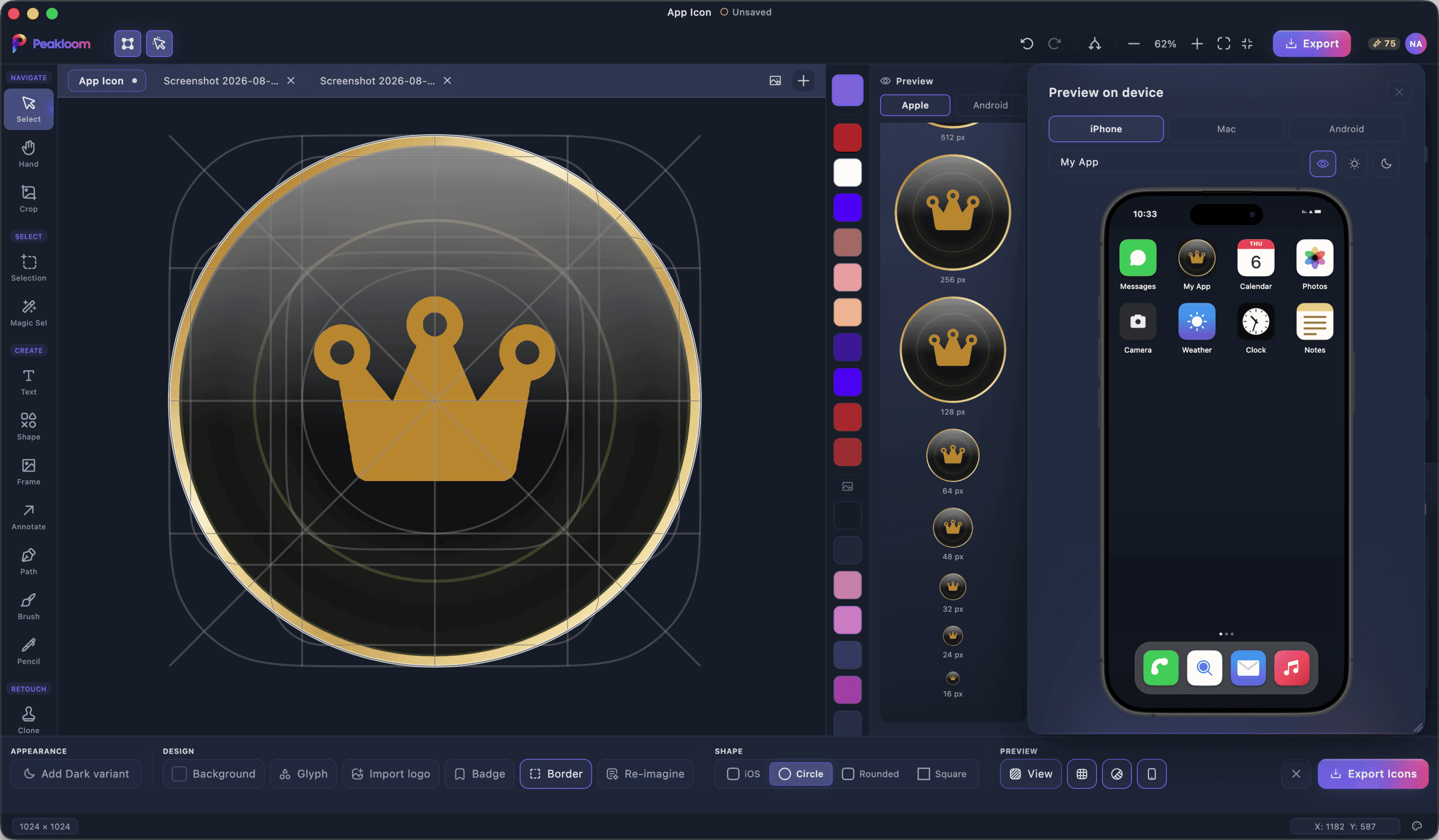 Cột xem trước của AppIcon Studio hiển thị cùng một icon ở 256, 128, 64, 48, 32, 24 và 16 pixel