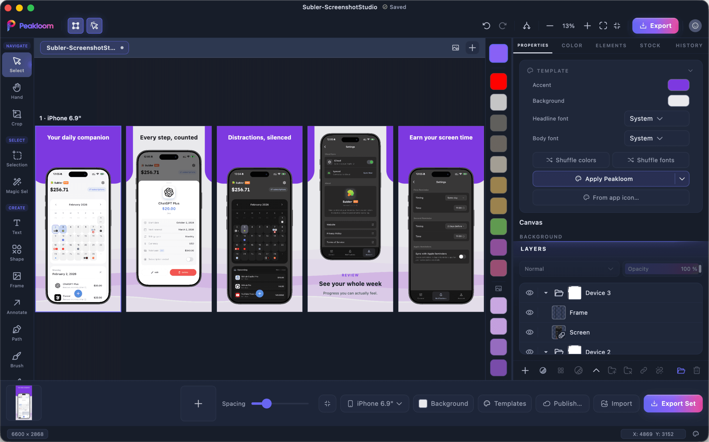 Screenshot Studio in Peakloom - six designed iPhone panels on one canvas with the stock photo browser open