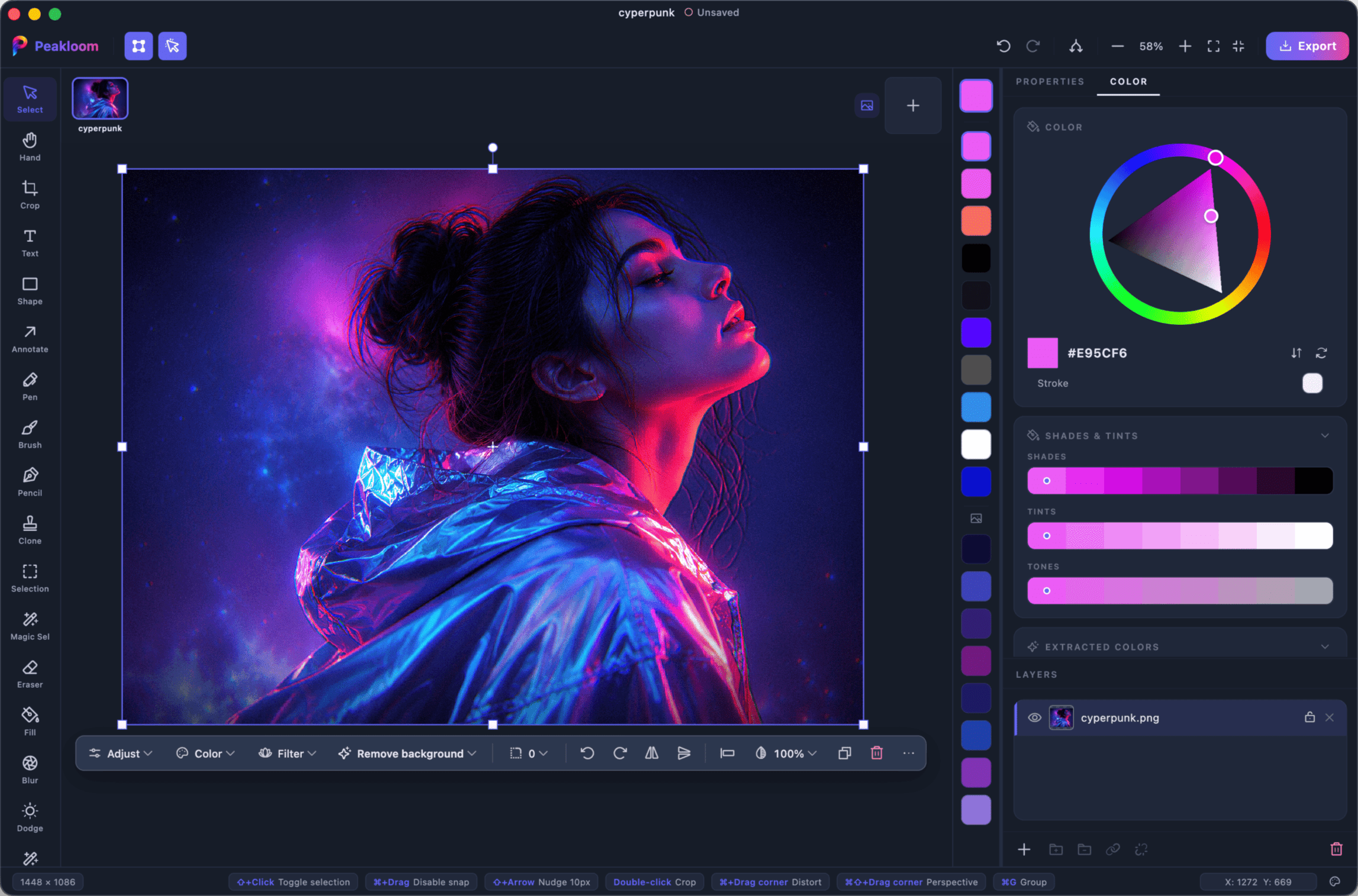 The Peakloom editor on macOS - layers, AI tools and color controls around a photo