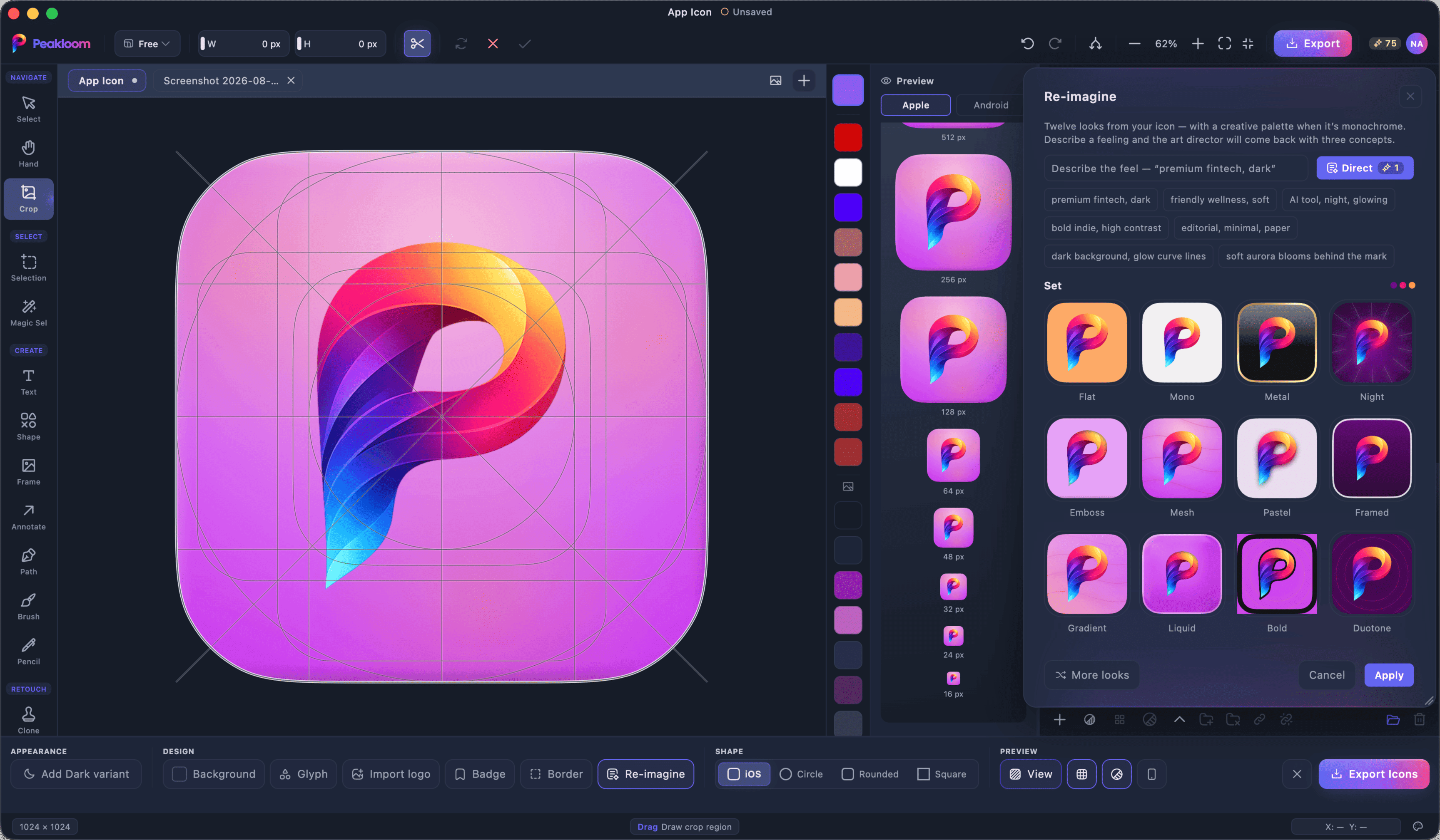 AppIcon Studio with the keyline grid and the live preview column