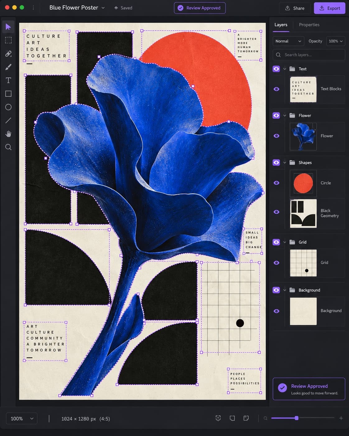 The blue flower poster separated into editable layers