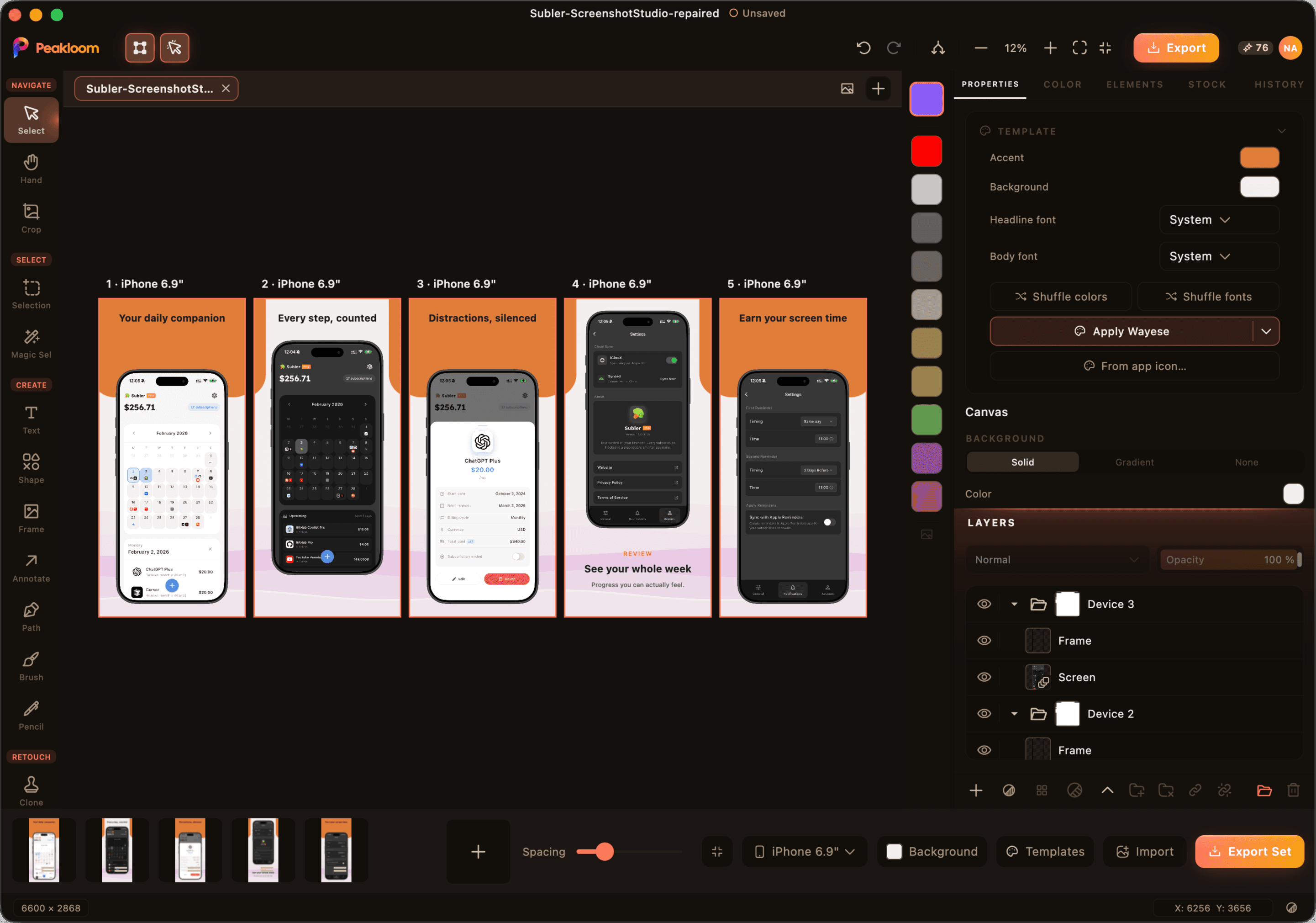 Screenshot Studio with six designed iPhone panels on one canvas