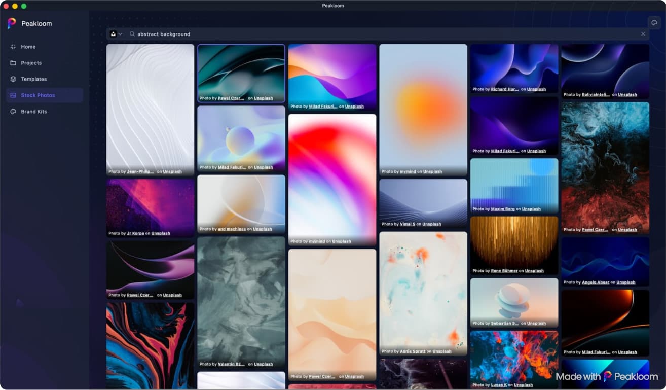 The stock photo browser showing an Unsplash search in Peakloom