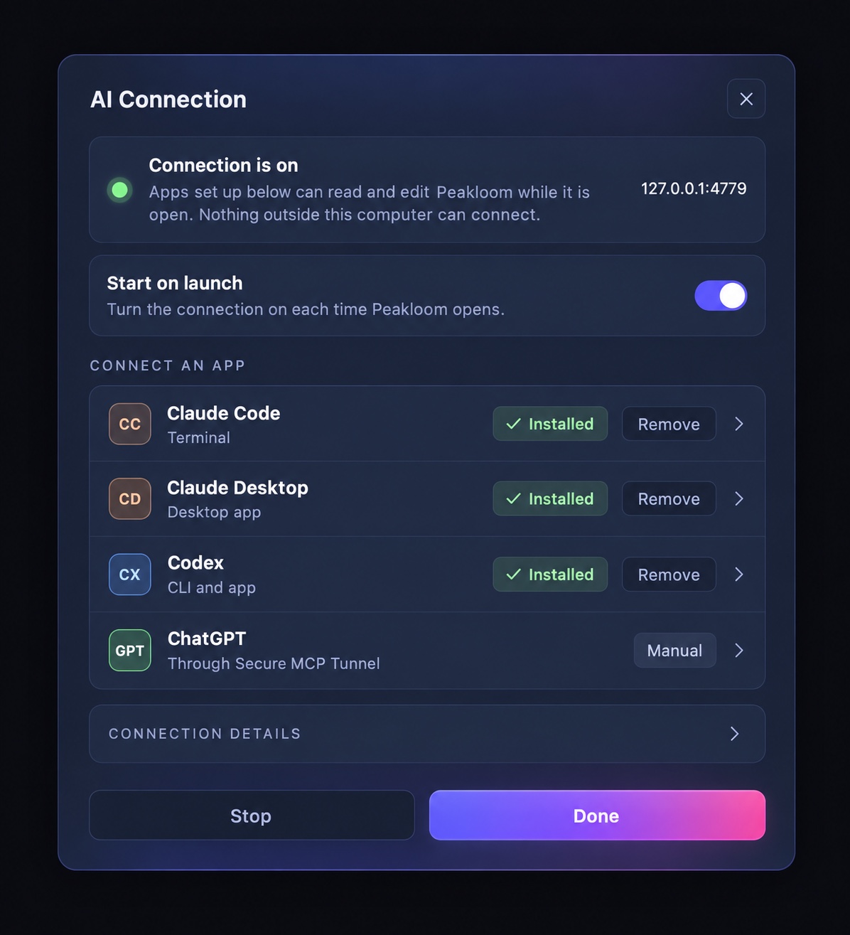 Cài đặt MCP Connection trong Peakloom