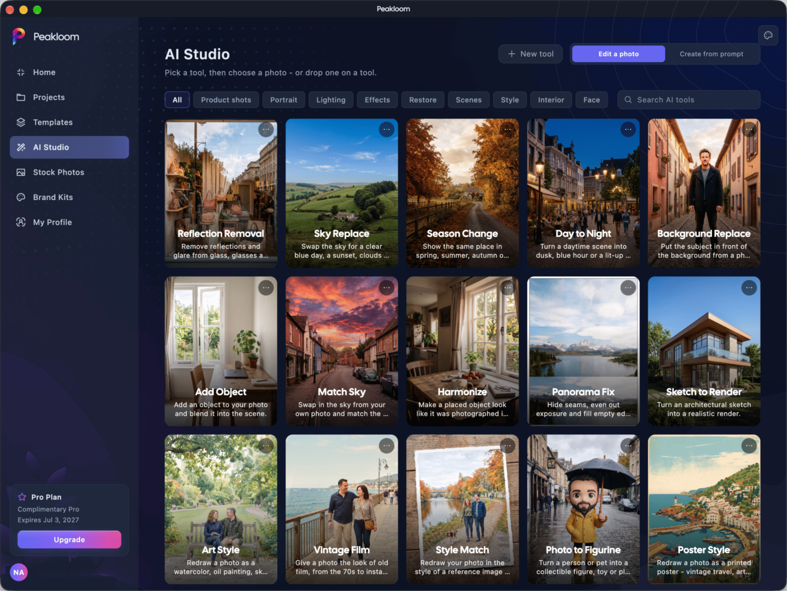 AI Studio in Peakloom, Edit a photo tab - a gallery of AI tools such as Weather, Restore & Colorize, Sky Replace and Day to Night