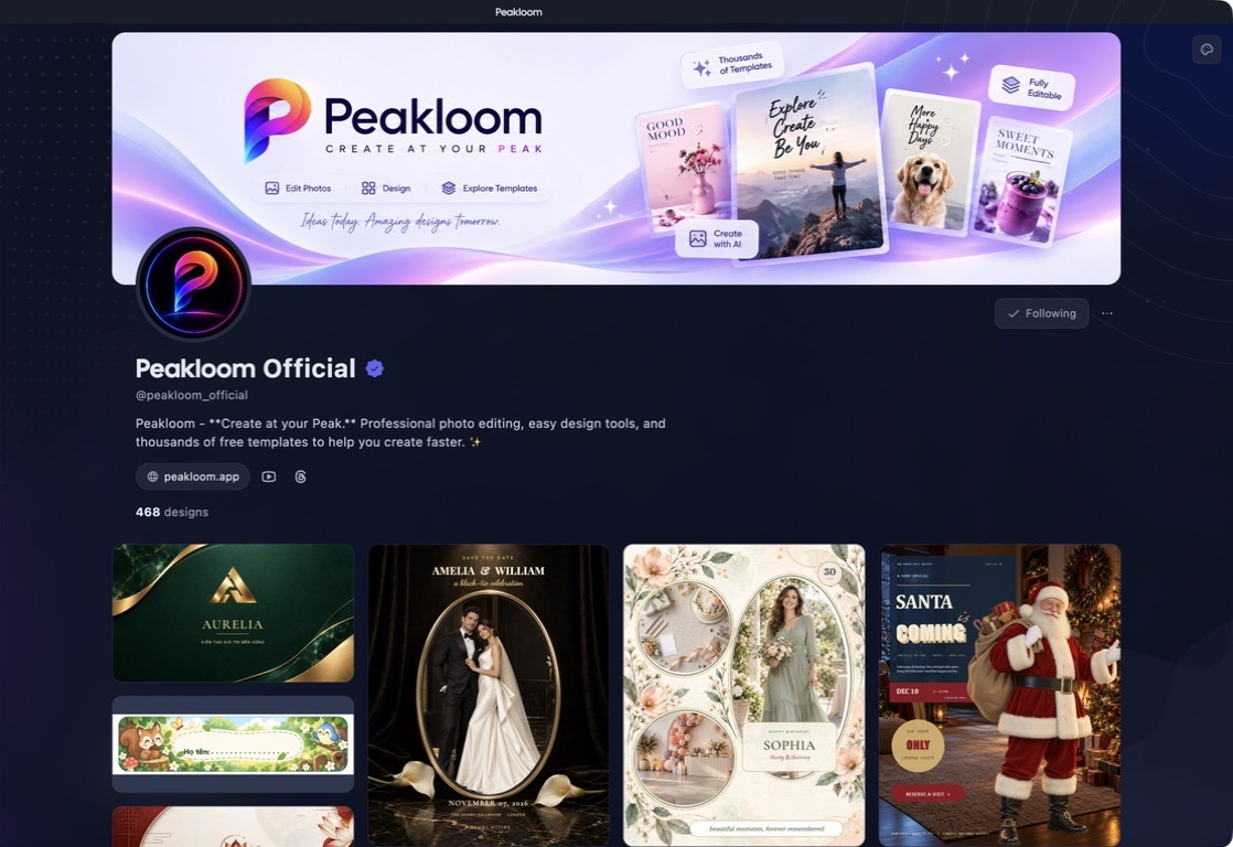 The verified Peakloom Official profile and its published design grid